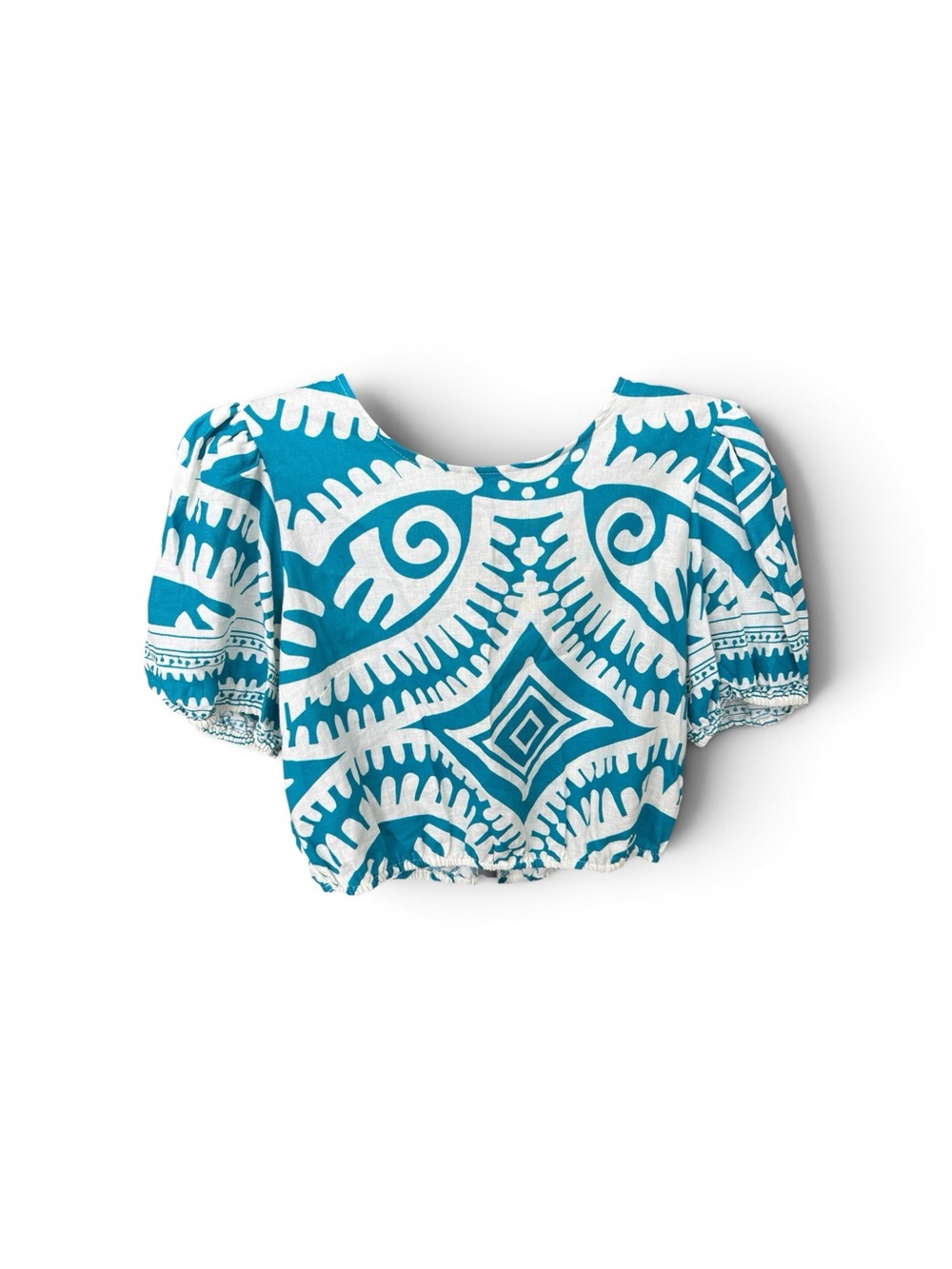 Haute Hippie Women's Teal and White Printed Puff-Sleeve Crop Top